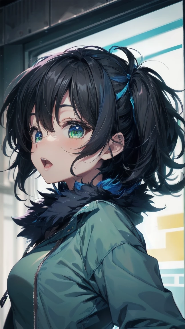 Close-up of a cartoon girl with blue hair and a yellow shirt, 2D Animation, 2D Animation style, 2D Art, 2D Art, 2D from Gorillaz, 2D from Gorillaz, 2D Gorillaz, Screaming Cerket, 2D Sprites, Jinx Face, short hair, Small breasts, hot pants, ((Black Hair, Bright blue fur inside:1.4))