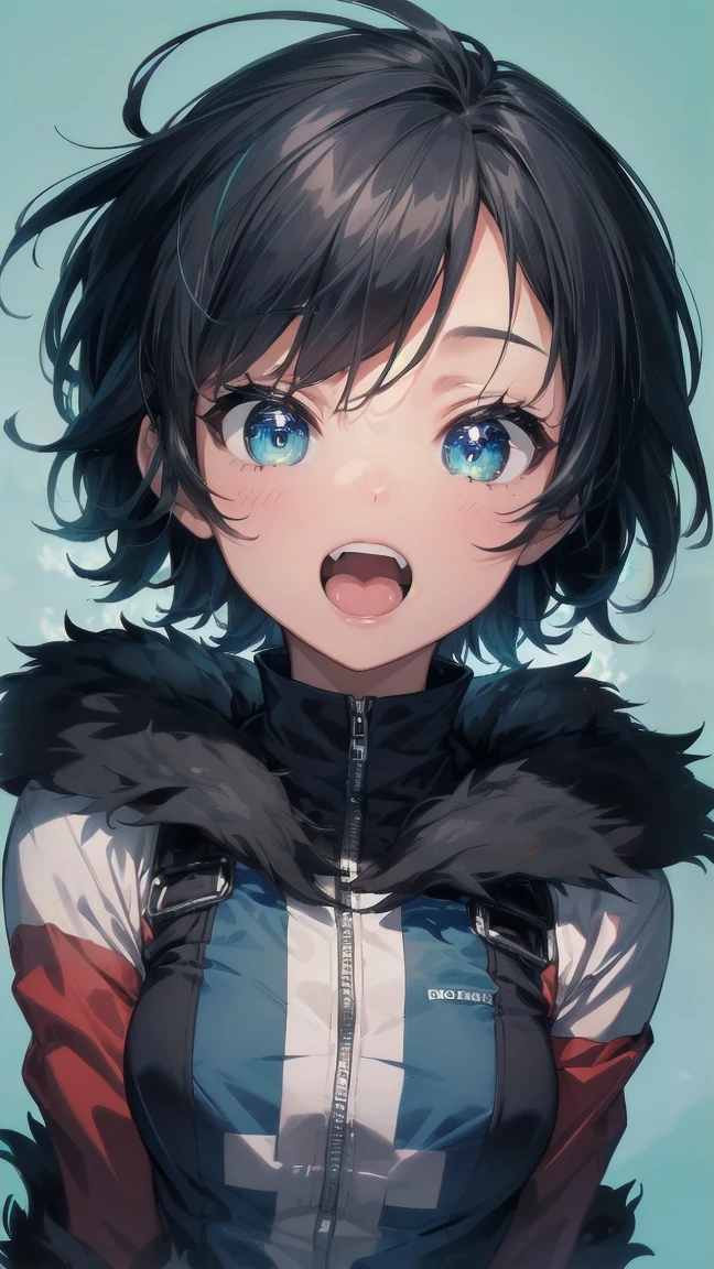 Close-up of a cartoon girl with blue hair and a yellow shirt, 2D Animation, 2D Animation style, 2D Art, 2D Art, 2D from Gorillaz, 2D from Gorillaz, 2D Gorillaz, Screaming Cerket, 2D Sprites, Jinx Face, short hair, Small breasts, hot pants, ((Black Hair, Bright blue fur inside:1.4))
