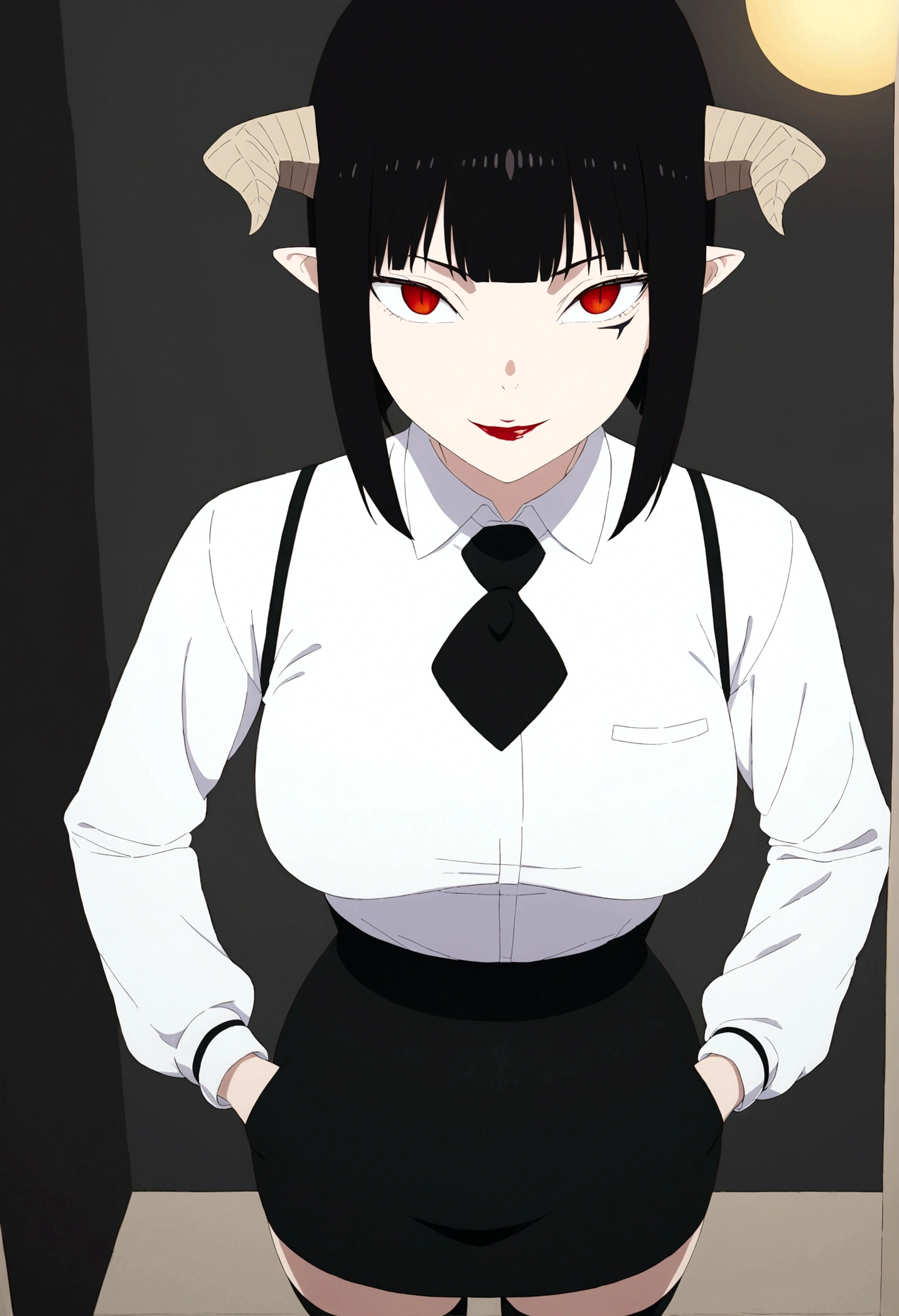 ,hands in pocket,work of art, tight white secretary shirt with black tie, black high waist skirt, short skirt,stocking, black hair, black tightscary sun,office,bangs on the eyes,lighting,horn of hair,view from above,evil smile,linda,staring overhead