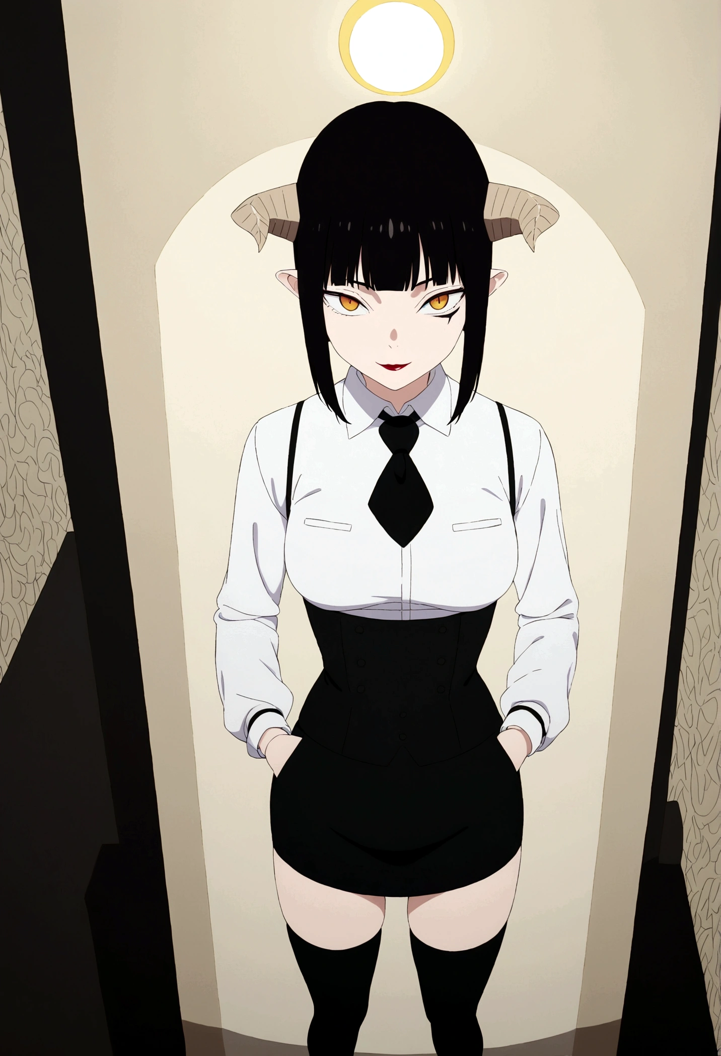 ,hands in pocket,work of art, tight white secretary shirt with black tie, black high waist skirt, short skirt,stocking, black hair, black tightscary sun,office,bangs on the eyes,lighting,horn of hair,view from above,evil smile,linda,staring overhead