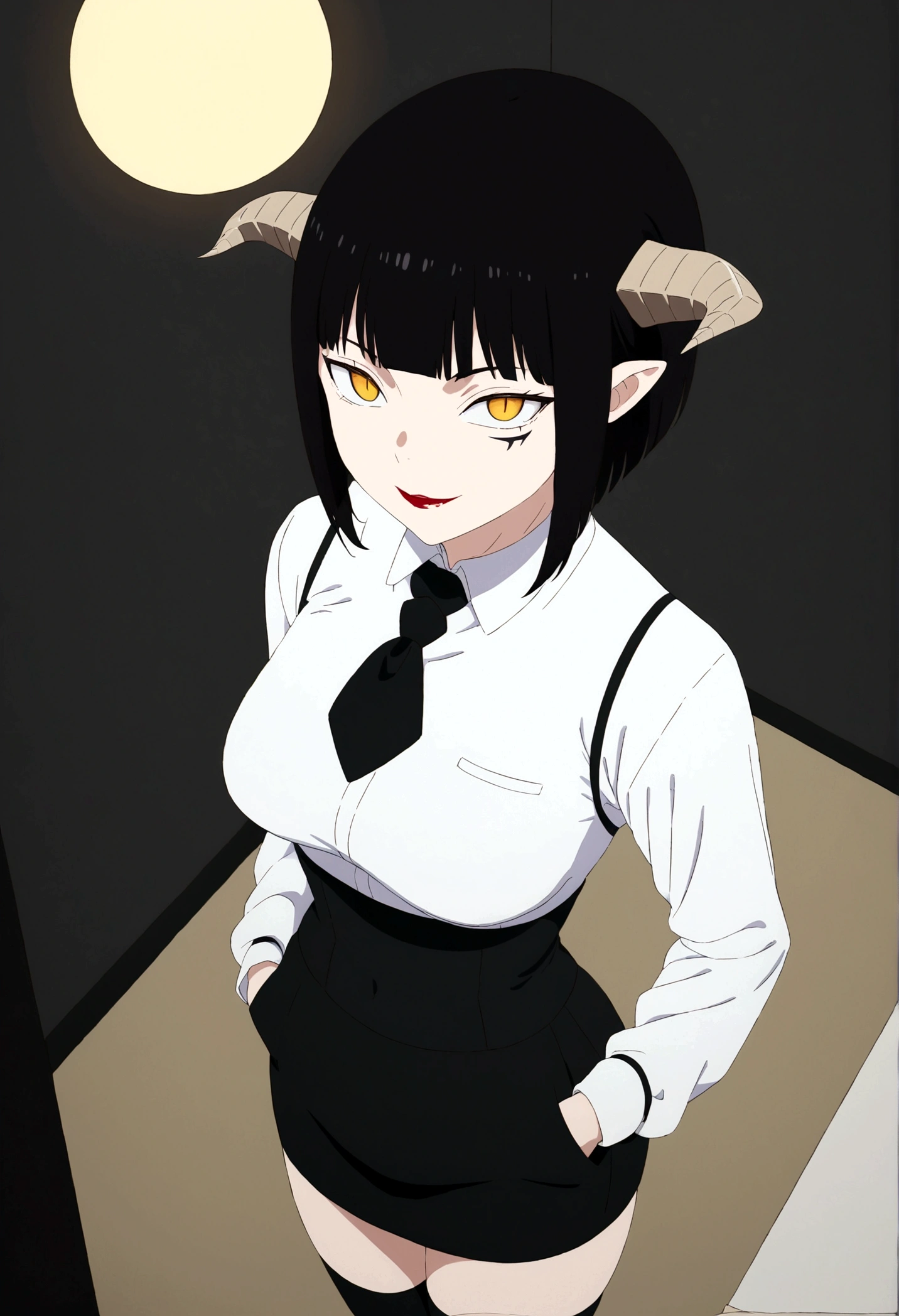 ,hands in pocket,work of art, tight white secretary shirt with black tie, black high waist skirt, short skirt,stocking, black hair, black tightscary sun,office,bangs on the eyes,lighting,horn of hair,view from above,evil smile,linda,staring overhead
