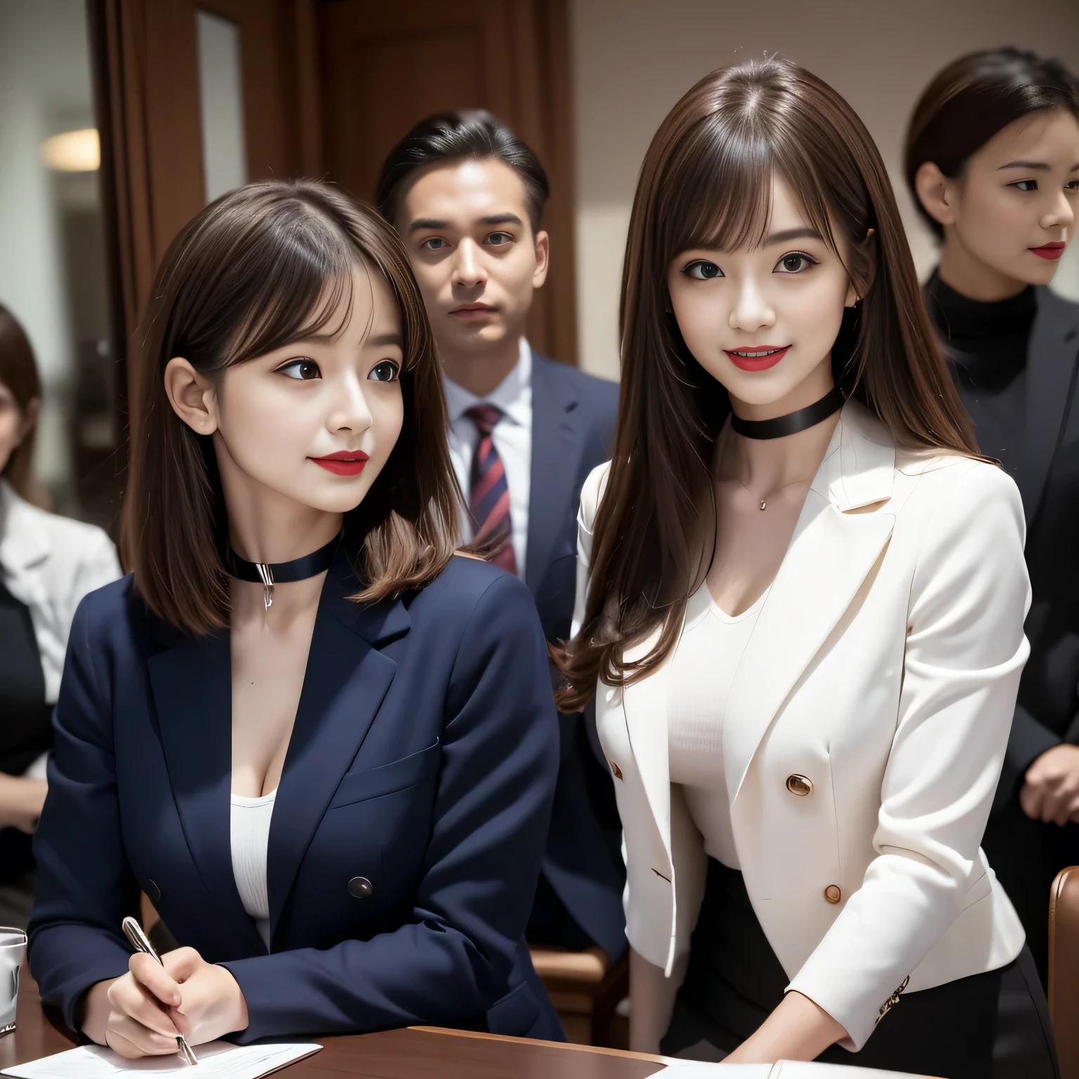 ((Highest quality, 8K, Representative works in detail, Ultra-high resolution)), (Looking at the audience), ((グラススクエアで話すFemale Employees)), Attractive woman, ((Big Breasts)), smile, ((Black Choker)), Slim figure, (blue eyes), Long eyelashes, bangs, Beautiful shiny brown hair, Nogizaka idol, Slim face、((suit,uniform))、Dependents、Female Employees、((In a meeting))、Bright red lipstick、Elegant woman,Noble