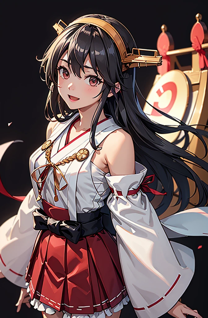 Highest quality, masterpiece, High resolution, 一人in, {Aaron_Kantai Collection:1.15}, black_hair, length_hair, hair_ornament, hairband, brown_eye, hairclip, red面, smile, headgear, chest, Non-traditional_Shrine maiden, hair_between_eye, One Girl, independent_sleeve, Japanese_Clothes, Looking_in_audience, red_skirt, ribbon-trimmed_sleeve, ribbon_trim, skirt, just_shoulder, Simple_background, white_background, Open_mouth, sarashi, wide_sleeve, ((オフィスbackground, リビングbackground))