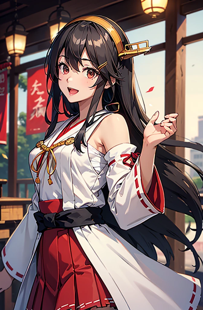 Highest quality, masterpiece, High resolution, 一人in, {Aaron_Kantai Collection:1.15}, black_hair, length_hair, hair_ornament, hairband, brown_eye, hairclip, red面, smile, headgear, chest, Non-traditional_Shrine maiden, hair_between_eye, One Girl, independent_sleeve, Japanese_Clothes, Looking_in_audience, red_skirt, ribbon-trimmed_sleeve, ribbon_trim, skirt, just_shoulder, Simple_background, white_background, Open_mouth, sarashi, wide_sleeve, ((オフィスbackground, リビングbackground))