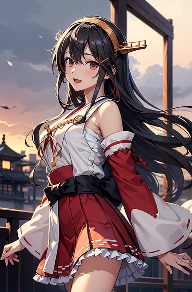 Highest quality, masterpiece, High resolution, 一人in, {Aaron_Kantai Collection:1.15}, black_hair, length_hair, hair_ornament, hairband, brown_eye, hairclip, red面, smile, headgear, chest, Non-traditional_Shrine maiden, hair_between_eye, One Girl, independent_sleeve, Japanese_Clothes, Looking_in_audience, red_skirt, ribbon-trimmed_sleeve, ribbon_trim, skirt, just_shoulder, Simple_background, white_background, Open_mouth, sarashi, wide_sleeve, ((オフィスbackground, リビングbackground))