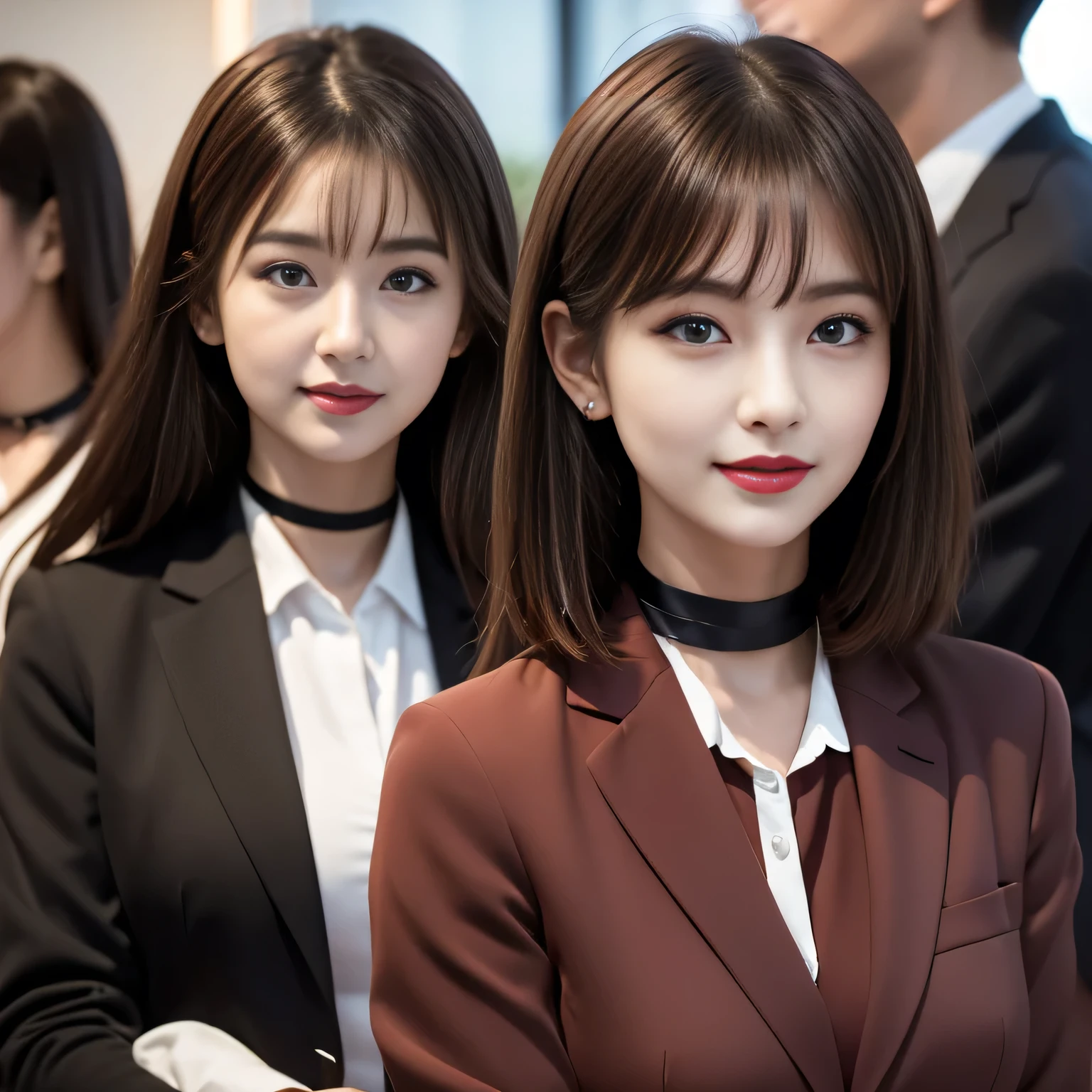 ((Highest quality, 8K, Representative works in detail, Ultra-high resolution)), (Looking at the audience), ((グラススクエアで話すFemale Employees)), Attractive woman, ((Big Breasts)), smile, ((Black Choker)), Slim figure, (blue eyes), Long eyelashes, bangs, Beautiful shiny brown hair, Nogizaka idol, Slim face、((suit,uniform))、Dependents、Female Employees、((In a meeting))、Bright red lipstick、Elegant woman,Noble