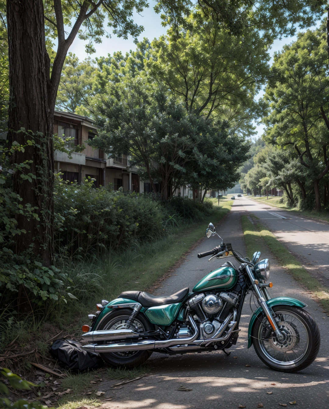 abandoned motorcycle, under a tree, 