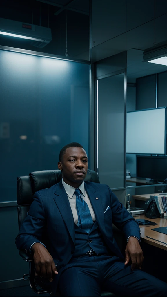Micheal on a suit sitting together with board members in an office, 8k realistic imagery, blue scenery like a movie scene, old american setting, inspired by blade runner movie scene, blue tone,