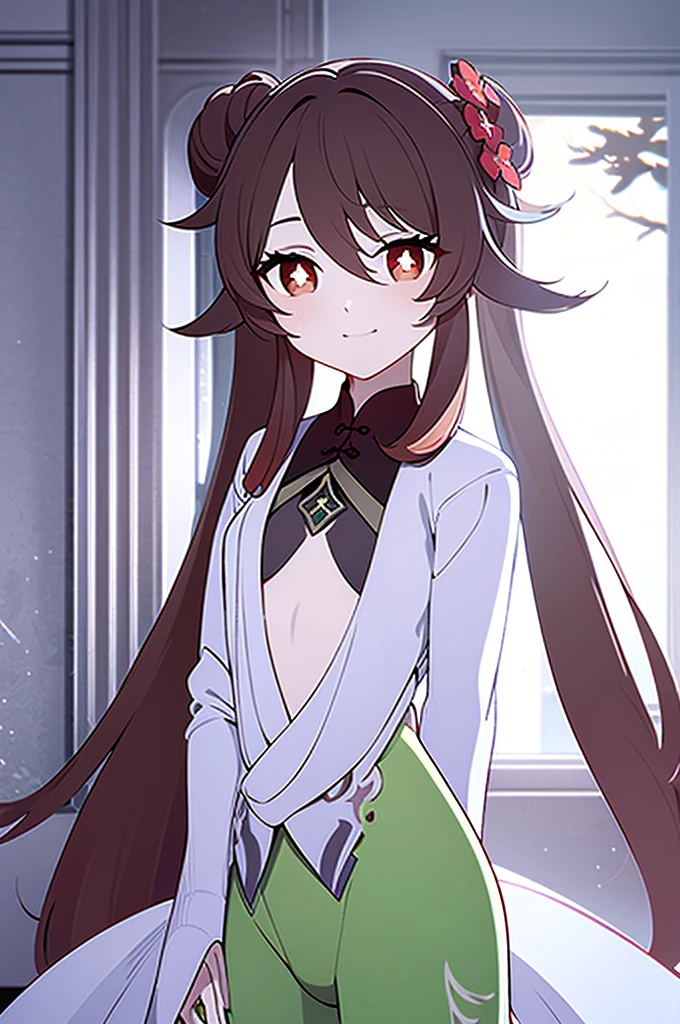 (by ikky:0.9), hutao \(genshin impact\), (cowboy shot), (anime style), (fantasy theme), (in a room, night), ((white background, all white background)), (looking at viewer, hand on hair, making a bun), (gentle smile, warm and inviting), (brown hair, small breasts, black nails), (twintails, red eyes with white flower in pupils), (wearing light green nighty shirt and light green pants with many small stars, moons, and satellites), (pretty open shirt), (cozy and intimate setting, soft lighting), (delicate features highlighted, intricate designs on pajamas), (beautiful color, detailed, aesthetic), (amazing quality: 1.4)