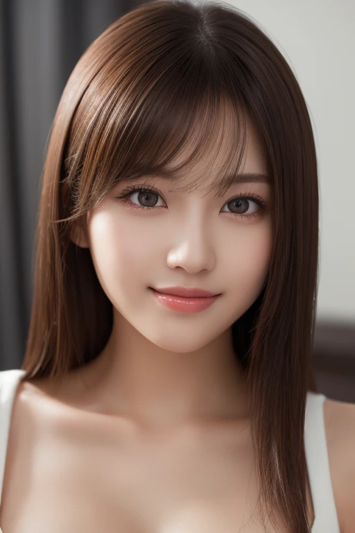 masterpiece, Best Quality, (hyper realisitic:1.4), (Smooth lighting:1.05), Ultra-detailed, finely detail, hight resolution, 8K Wallpaper, Perfect dynamic composition, Beautiful detailed eyes, Beautiful Women with Perfect Figure: 1.4, Slender Abs: 1.2, large breasts, natural color lip, Long straight Hair, Bangs, Highly Detailed Face and Skin Texture, 20 years girl, Perfect and beautiful face, Sexy shot looking at camera, smile, bed