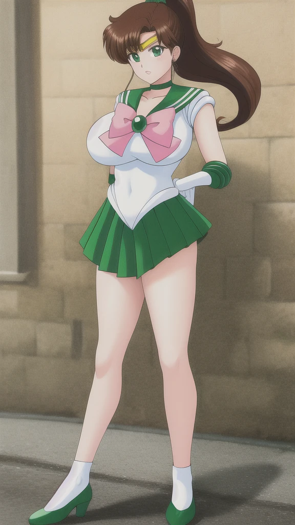 kino_makoto, huge_breasts, standing, solo, White_leotard_Green_sailor_collar_Green_miniskirt_White_gloves_Green_choker_Pink_bowtie_Pink_back_bow_Circlet_Green_brooch_Short_sleeves, masterpiece, best quality, detailed face, detailed eyes, highres, full body, hands down