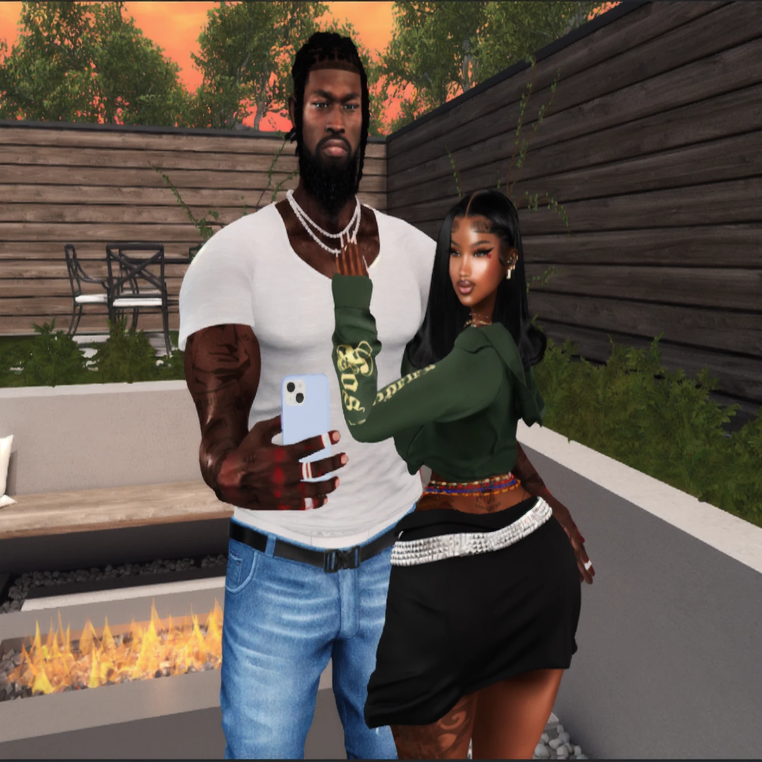 il y a un homme a la peau noir musclé avec un tee shirt blanc et un jean bleu qui tient un telephone et de l'autre coté une femme a la peau noir qui tient l'homme