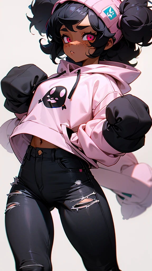 a tomboy lesbian girl with almost black skin. with puffy curly black hair and crimson eyes and freckles. wearing a small pink rabbits ears beanie on her head a white hoodie that says "Bite me or fuck me" on the front. she has black jeans on. she has medium size a round butt and thick thighs. A big highschool behind her as she has her hands in her hoodie Pocket