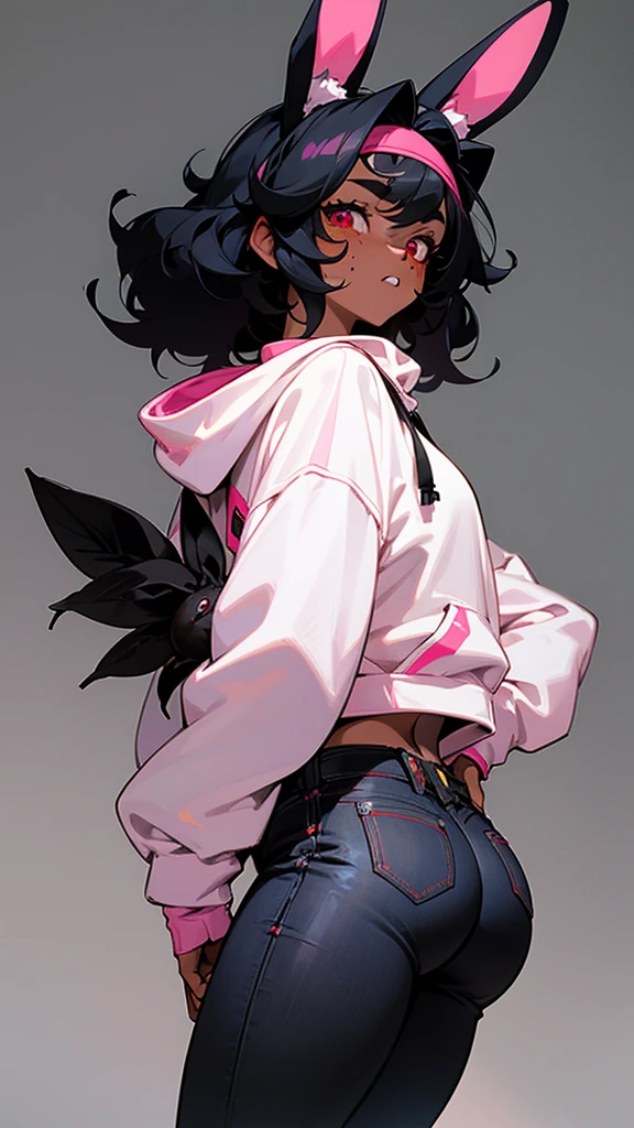a tomboy lesbian girl with almost black skin. with puffy curly black hair and crimson eyes and freckles. wearing a small pink rabbits ears beanie on her head a white hoodie that says "Bite me or fuck me" on the front. she has black jeans on. she has medium size  a round butt and thick thighs. A big highschool behind her as she has her hands in her hoodie Pocket 