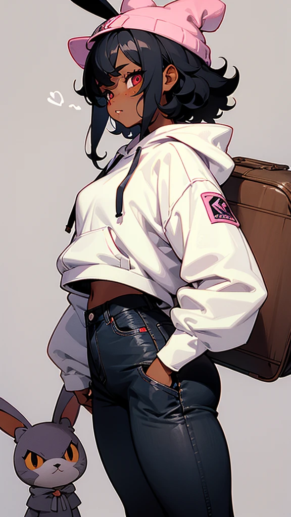 a tomboy lesbian girl with almost black skin. with puffy curly black hair and crimson eyes and freckles. wearing a small pink rabbits ears beanie on her head a white hoodie that says "Bite me or fuck me" on the front. she has black jeans on. she has big perky breasts large round butt and very thick plump thighs. A big highschool behind her as she has her hands in her hoodie Pocket