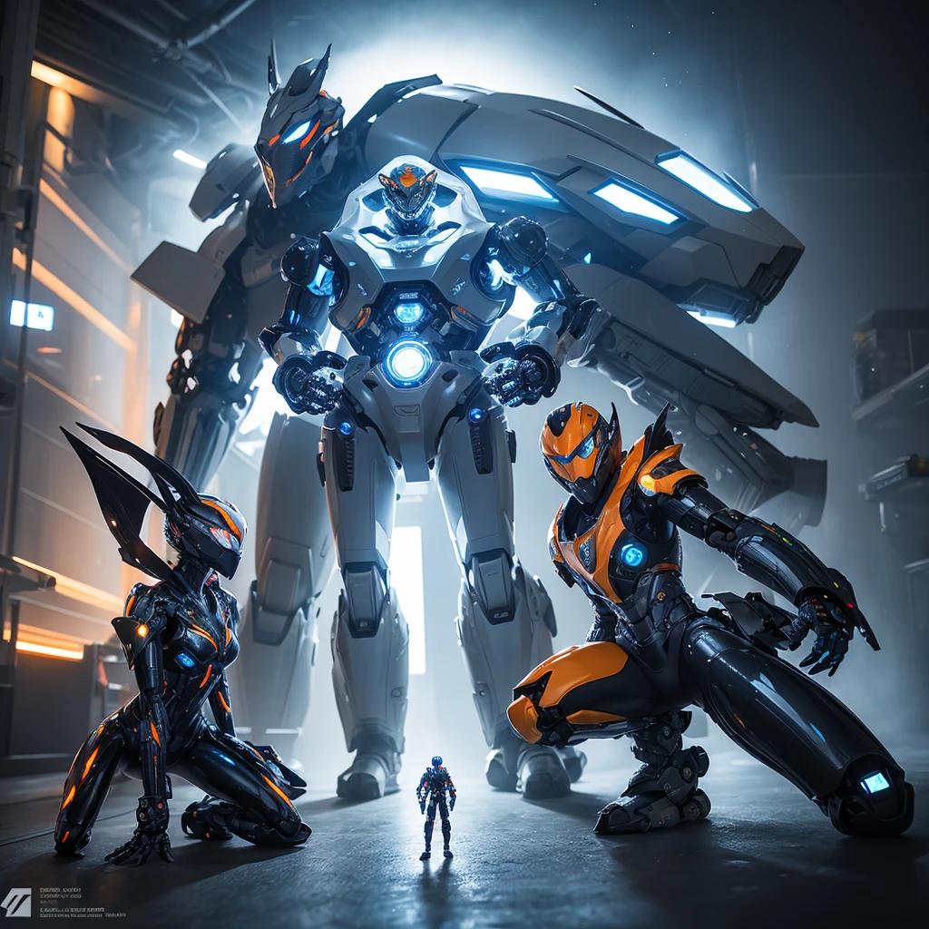 Long shot technique photo, a 20 year old Asian couple wearing a white jersey hoodie cuple that says "Laras", standing right in front of a very large Dragon robot. The man has short, cropped hair, the woman wears a white hijab. Robot panda must have sharp, focused vision, with glowing red eyes. The mechanical structure had to be highly detailed, featuring various wires, bolts and platinum plates in lighting shades of White, blue and a hint of orange to highlight the technological aspects. The focus is on detailed armor design and cybernetic enhancements that integrate seamlessly with advanced and complex forms. The background should be subtle, perhaps with soft lighting effects to enhance the futuristic look of the dragon robot. There is a very small standard text in the bottom right corner of "saleho art" that shows the image creator's logo or watermark., photo photography
