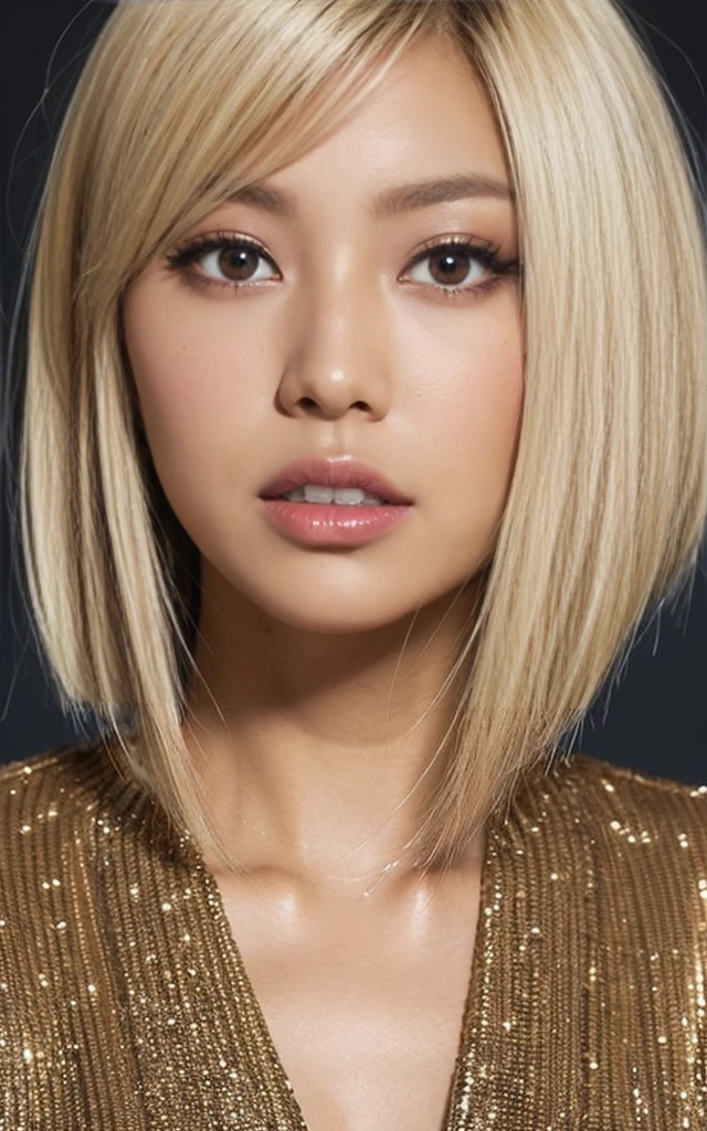 gyaru, dark-skinned, blond hair, short cut hair, face close up
