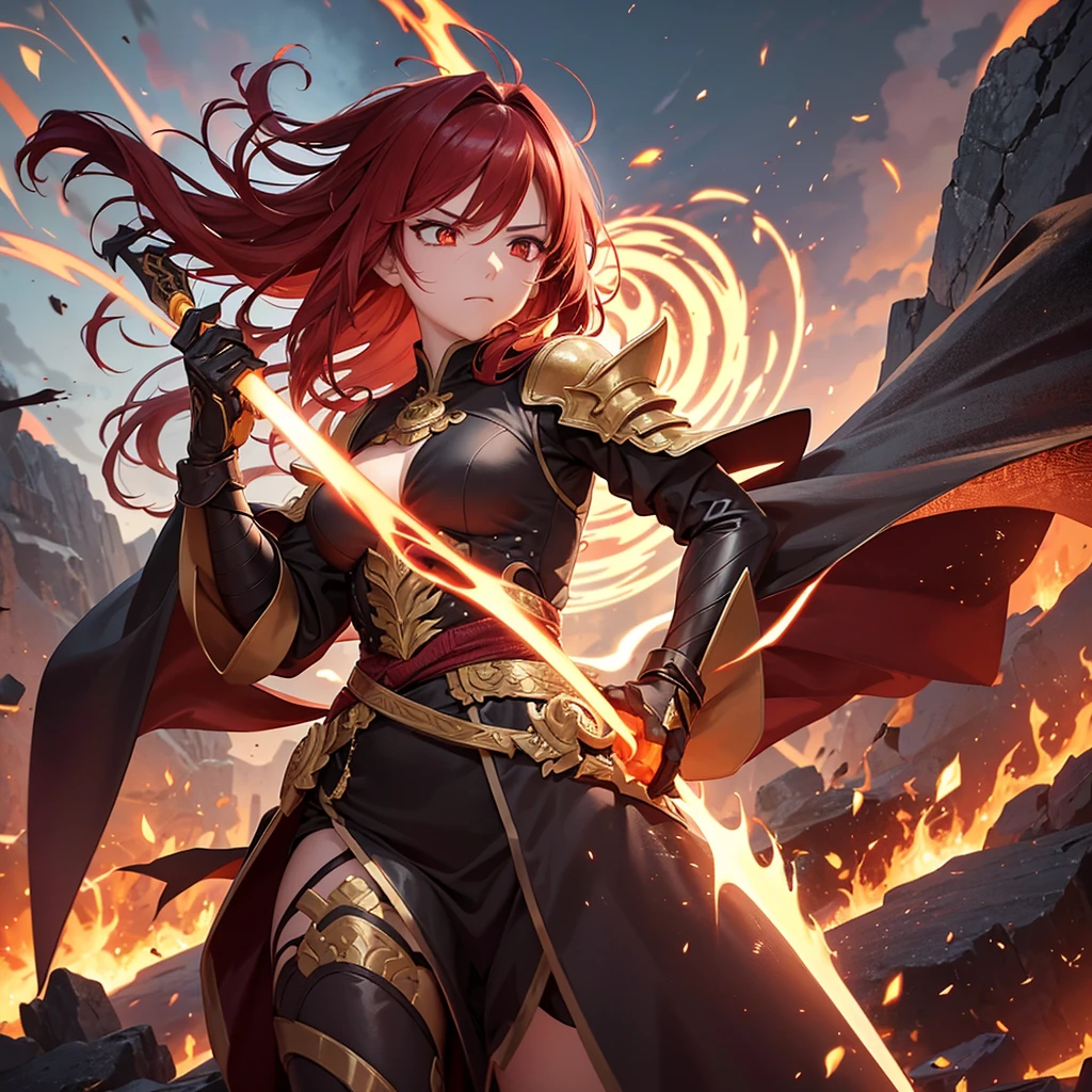 Shiota is a warrior with vibrant red hair.,flow like living fire around your head. She is in a firm and powerful posture, body slightly tilted forward, ready to deliver a deadly blow. His expression is determined and fierce, with an intense gaze that reveals the draconic strength she is channeling. Seus olhos brilham intensamente, with incandescent irises reflecting the fury of the flames that surround her.
A flaming aura surrounds Shiota's entire body, with dancing flames in shades of red, laranja e dourado. Flames seem to emerge from within her, as if becoming one with the power of the dragon. Shiota's hair flutters as if in the wind, with the tips emitting light sparks. Your skin displays temporary flame markings or scales that glow during the transformation., accentuating your connection with the draconic essence.
Shiota wears a red and black battle suit, with dragon wings and tail, intricate gold details reminiscent of dragon scales. A black and red sash is tied around her waist, holding an ornate scabbard embossed with the image of a golden dragon. She wields a katana with a shining blade, which emits a light aura of fire, ready to deliver devastating blows.
The setting is a devastated battlefield, with sparks and small flames in the air, creating an atmosphere of chaos and destruction. The ground around Shiota is burned or cracked due to the heat emanating from his flaming aura.. Other warriors can be seen in the background, some in shock and others trying to keep their distance, intimidated by Shiota's strength and overwhelming presence.
Shiota is at the height of the battle, facing multiple opponents or a powerful enemy. His fiery aura and imposing stance highlight his draconic transformation., making her a central figure on the battlefield. The intensity of her transformation suggests she is fighting with all her might.