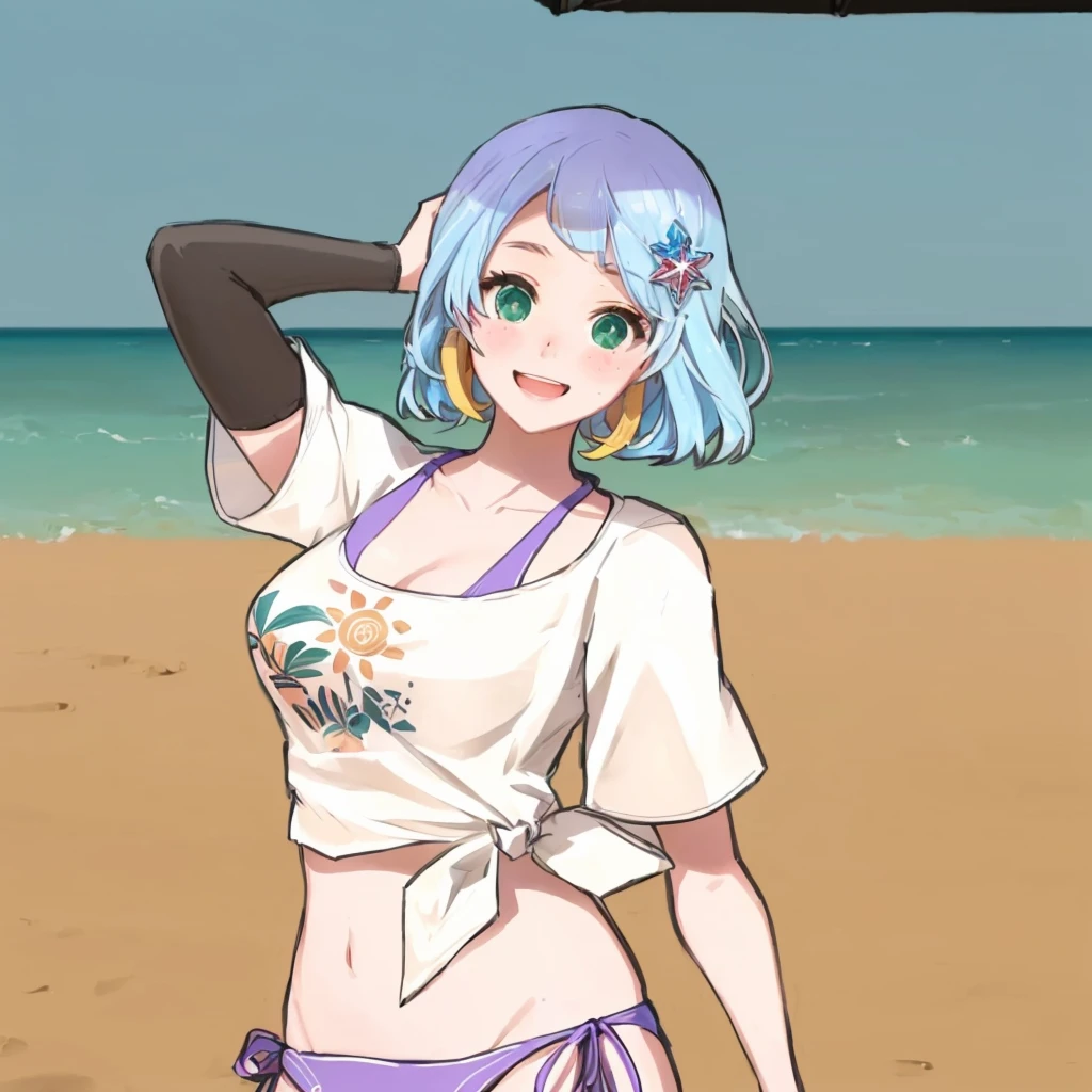 girl in a bikini on the beach with a hat on, in the beach, at a beach, full body portrait of a short!, at the beach, moe artstyle, is wearing a swimsuit, fullbody commission for, kantai collection style,
