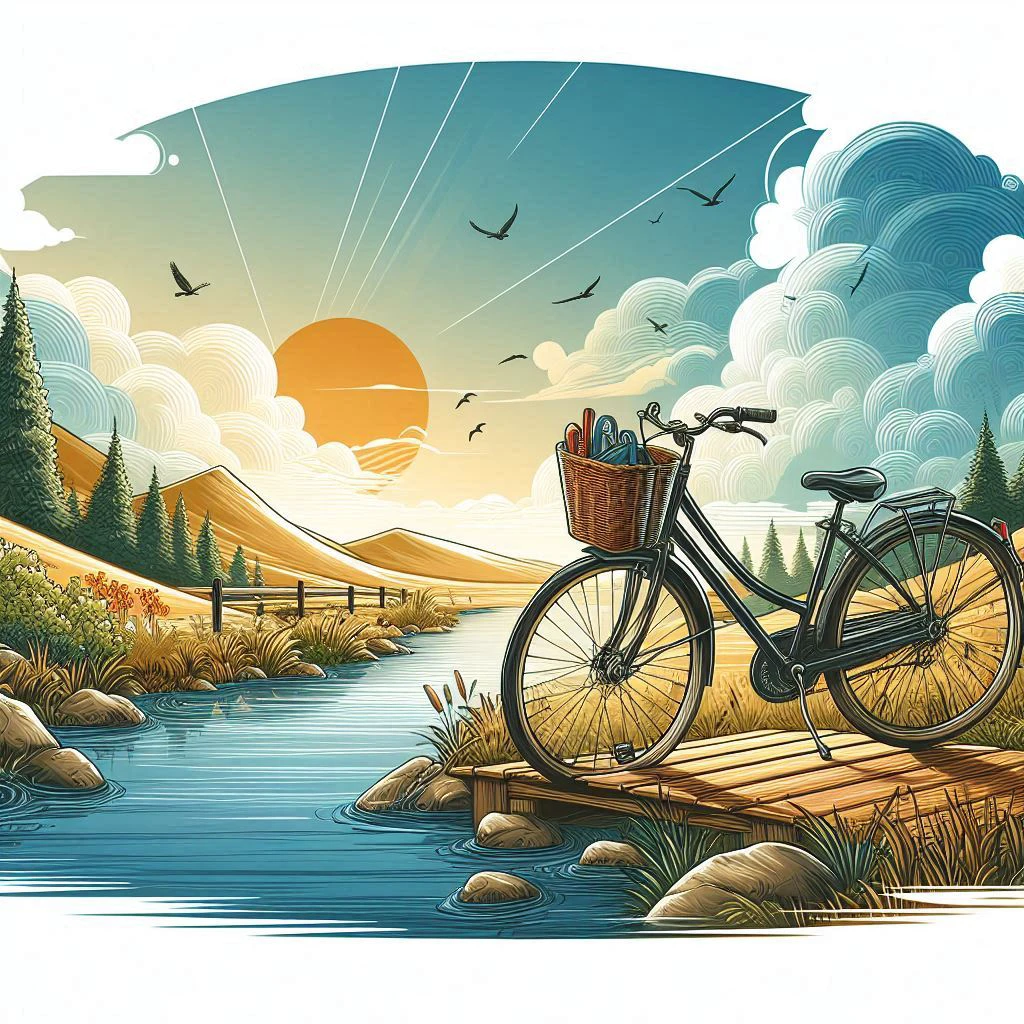 there is a bike that is parked on a bridge over a river, A beautiful artistic illustration, bike, landscape illustration, Landscape Artwork, Very detailed illustrations, Fine quality illustrations, sunset illustration, bikes, Detailed scenery —width 672, Business Illustration, detailed 2d illustration, Beautiful and meticulous illustrations, author:Jason Benjamin, author:Martin Post, Digital illustration style
