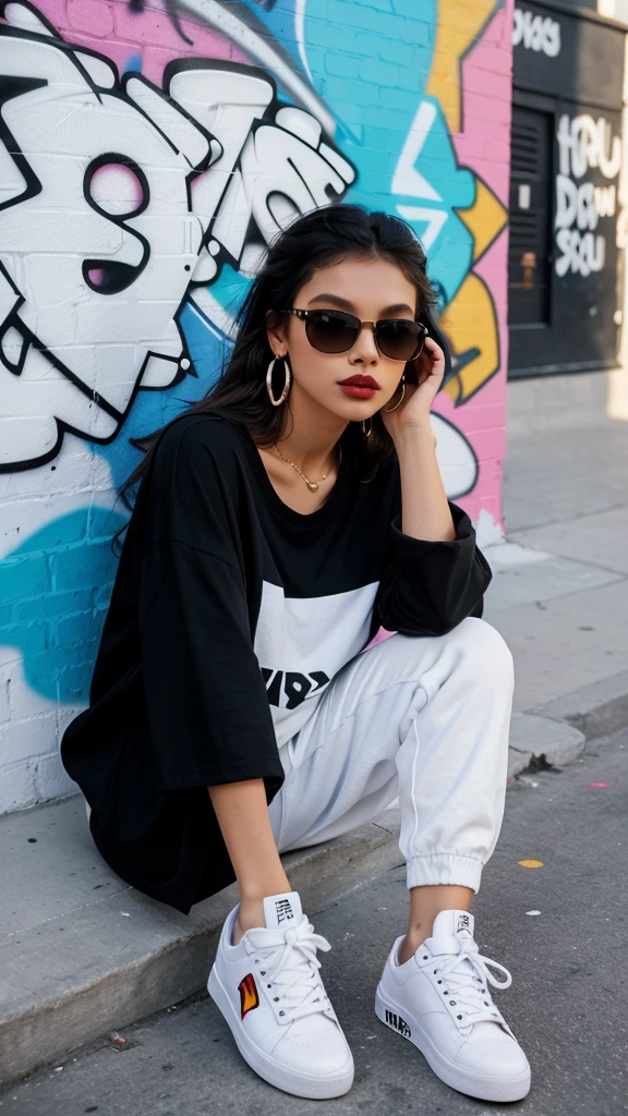 A fashionable young woman leaning casually against a graffiti-covered wall. She wears an oversized black t-shirt with bold white lettering, paired with loose white joggers and stylish white sneakers. Accessories include dark sunglasses and large hoop earrings. The urban background adds a touch of street art and vibrant colors.