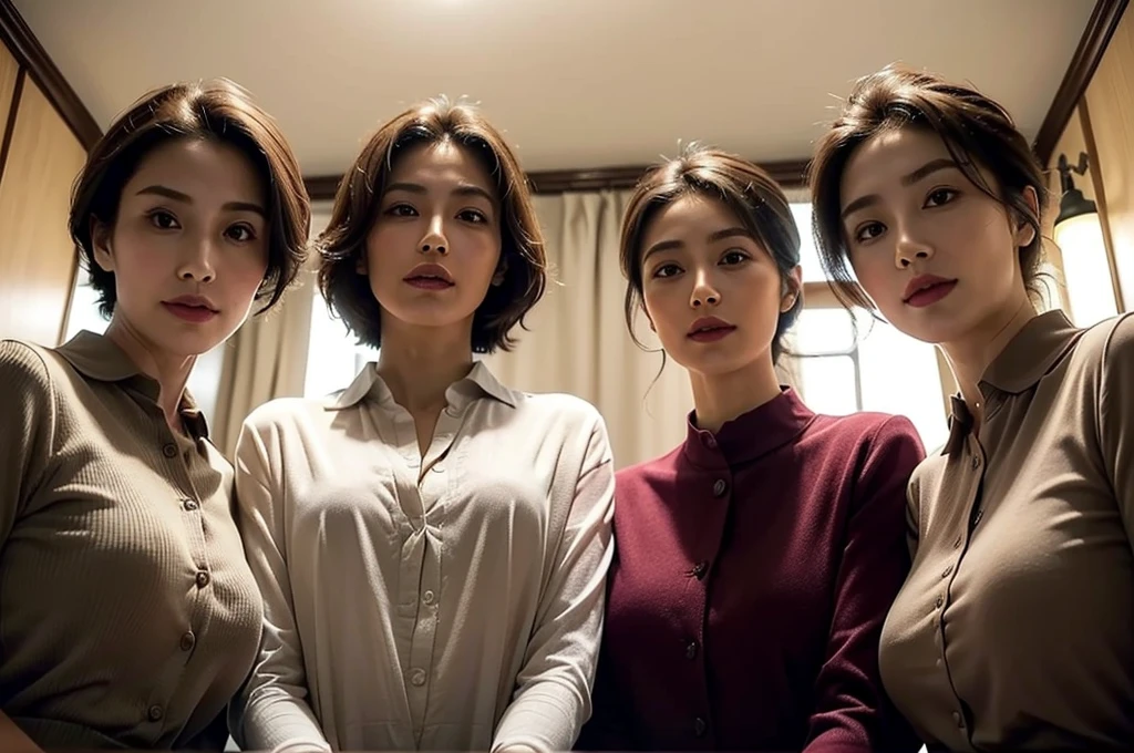 (masterpiece : 1.5), (3 woman : 1.5), (they all are looking down at viewer : 1.3), (view from below : 1.3), (3 woman standing side by side : 1.3), (they are all 68 years old : 1.3), beautiful mother, (they all have face wrinkles : 1.3), (gentle smile : 1.3), (Each has a different face and hairstyle : 1), (they all are wearing tight collared shirt : 1.3), (Each has a different size of breasts),(in a small room : 1.3), (they all are same height : 1.1), pores, skin blemishes, fleckles, realistic detailed skin, (focus on the chest from below : 1.2)