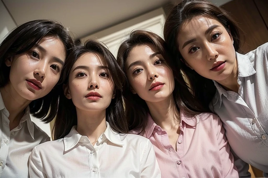 (masterpiece : 1.5), (3 woman : 1.5), (they all are looking down at viewer : 1.3), (view from below : 1.3), (3 woman standing side by side : 1.3), (they are all 68 years old : 1.3), beautiful mother, (they all have face wrinkles : 1.3), (gentle smile : 1.3), (Each has a different face and hairstyle : 1), (they all are wearing tight collared shirt : 1.3), (Each has a different size of breasts),(in a small room : 1.3), (they all are same height : 1.1), pores, skin blemishes, fleckles, realistic detailed skin, (focus on the chest from below : 1.2)