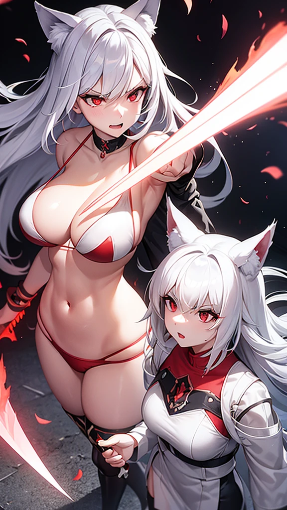 An adult woman, half fox and wolf, white hair, red eyes, wide breasts, very angry, standing, in a bikini, holding a sword