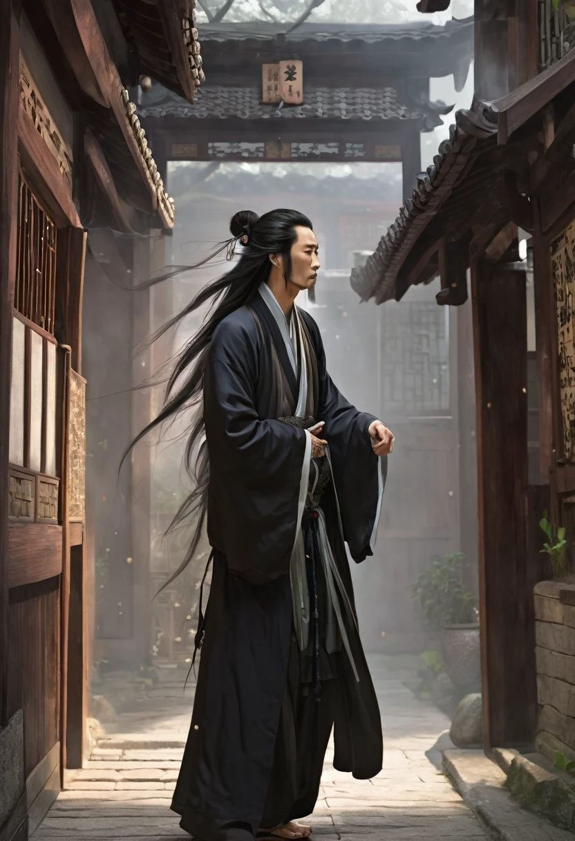 Taoist priest，fortune teller，Simple alley，poetry，Melancholy，Ultra-high resolution，Man with long hair，Young man，Standing man，Long hair blown by the wind