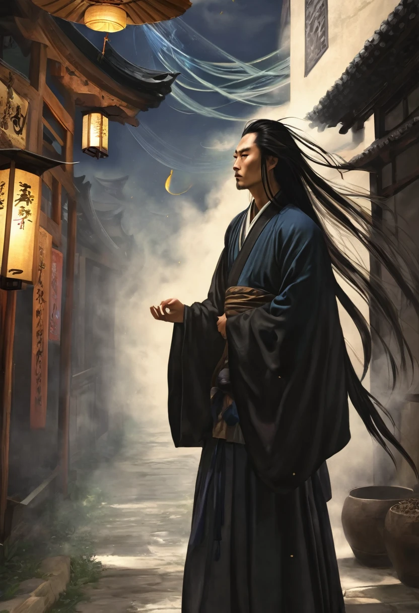 Taoist priest,fortune teller,Simple alley,poetry,Melancholy,Ultra-high resolution,Man with long hair,Young man,Standing man,Long hair blown by the wind