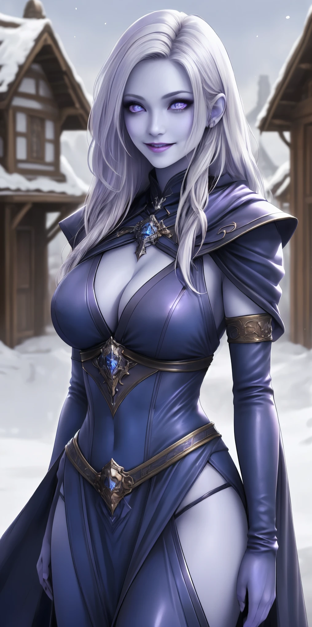 (Female chest covered)(smile) Gray skin, pale golden hair and violet eyes. She prefers clothing of white and silver with cloaks of deep blue or purple, village background, huge_knockers ((very precise detailed)) ((highres)