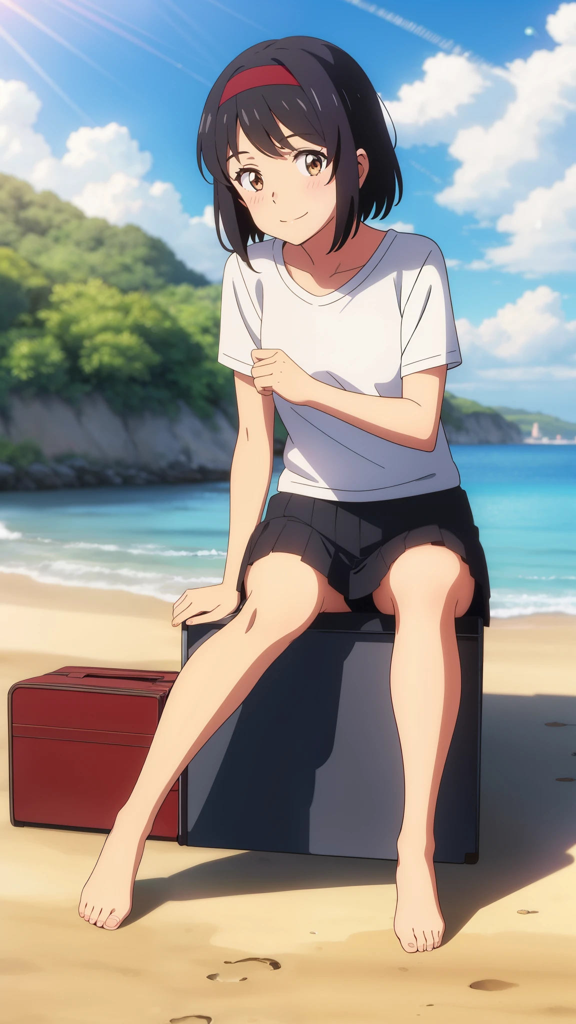 shinkai makoto, kimi no na wa., 1girl, bangs, black hair, blushing, bright eyes, brown eyes, casual clothes, white t-shirt, black pleated skirt, red headband, red ribbon, short hair, smiling, cute, solo, looking at viewer, outdoors, summer_season, beach, cloudy, sunlight, sitting on the ground, full body