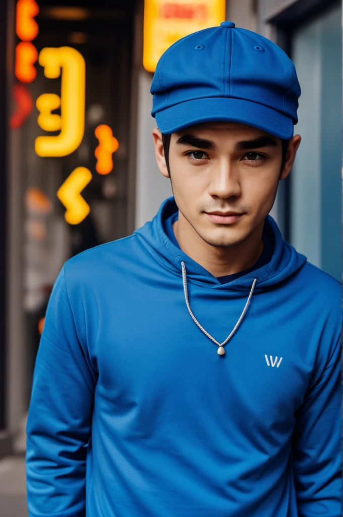 Translate texts with the male character camera, cartoon type, blue character, blue hair, with a cap that shows a little of the hair,