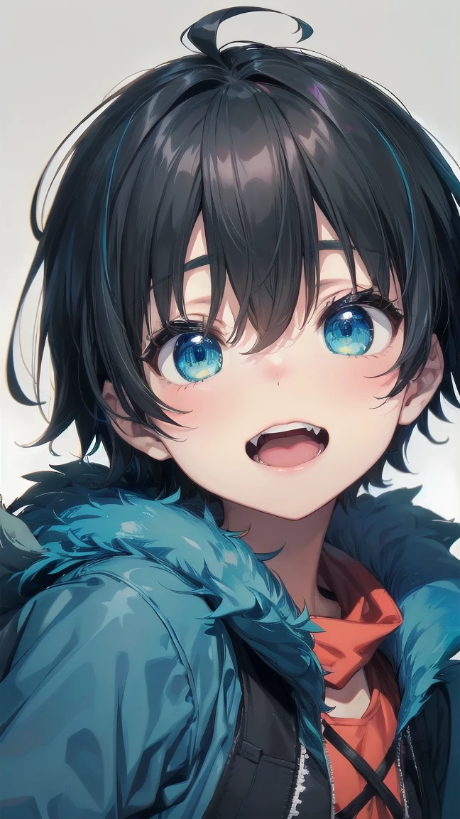 Close-up of a cartoon girl with blue hair and a yellow shirt, 2D Animation, 2D Animation style, 2D Art, 2D Art, 2D from Gorillaz, 2D from Gorillaz, 2D Gorillaz, Screaming Cerket, 2D Sprites, Jinx Face, short hair, Small breasts, hot pants, ((Black Hair, Bright blue fur inside:1.4))