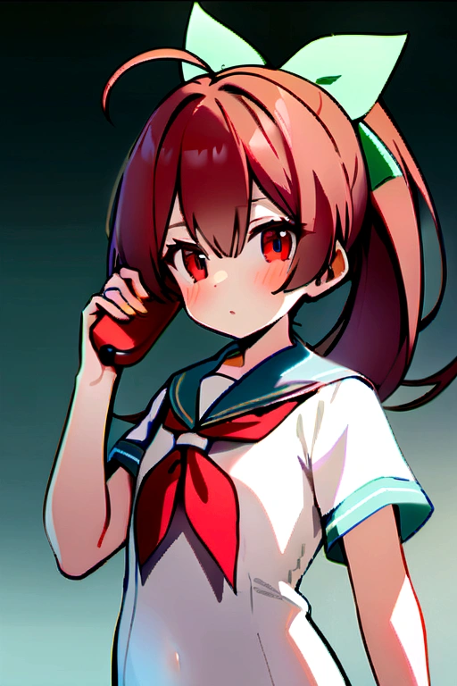 best qualIty, masterpIece, hIghres, 一人in, {I_168_kantaIcollectIon:1.15}, length_haIr, red_haIr, ponytaIl, haIr_rIbbon, rIbbon, red_eye, swImsuIt, Seraphim, School_swImsuIt, red面, one-pIece_swImsuIt, Ahoge, 1gIrl, cellTelephone, Telephone, saIlor_collar, School_unIform, smartTelephone, holdIng, haIr_between_eye, lookIng_in_vIewer, upper_body, green_saIlor_collar, holdIng_Telephone, neckerchIef, red_neckerchIef, short_sleeve, sImple_background