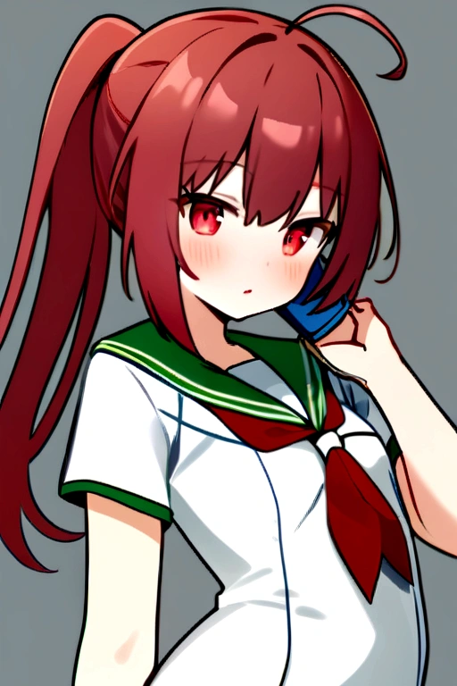best qualIty, masterpIece, hIghres, 一人in, {I_168_kantaIcollectIon:1.15}, length_haIr, red_haIr, ponytaIl, haIr_rIbbon, rIbbon, red_eye, swImsuIt, Seraphim, School_swImsuIt, red面, one-pIece_swImsuIt, Ahoge, 1gIrl, cellTelephone, Telephone, saIlor_collar, School_unIform, smartTelephone, holdIng, haIr_between_eye, lookIng_in_vIewer, upper_body, green_saIlor_collar, holdIng_Telephone, neckerchIef, red_neckerchIef, short_sleeve, sImple_background