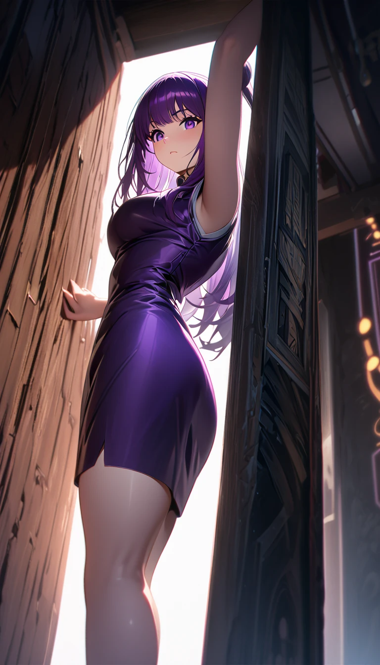 Cheongsam Girl,Half Up,Purple Hair,Purple eyes,Long Hair,Blunt bangs,cowboy shot,Pure white background,Big Breasts,Depth of written boundary,(Low angle view:0.9),Calf Level View,Overclocked Renderer,Cinema Lighting,masterpiece,Ultra-fine,Very detailed,complicated,Cinematic Perspective,CG Art,Looking at me,