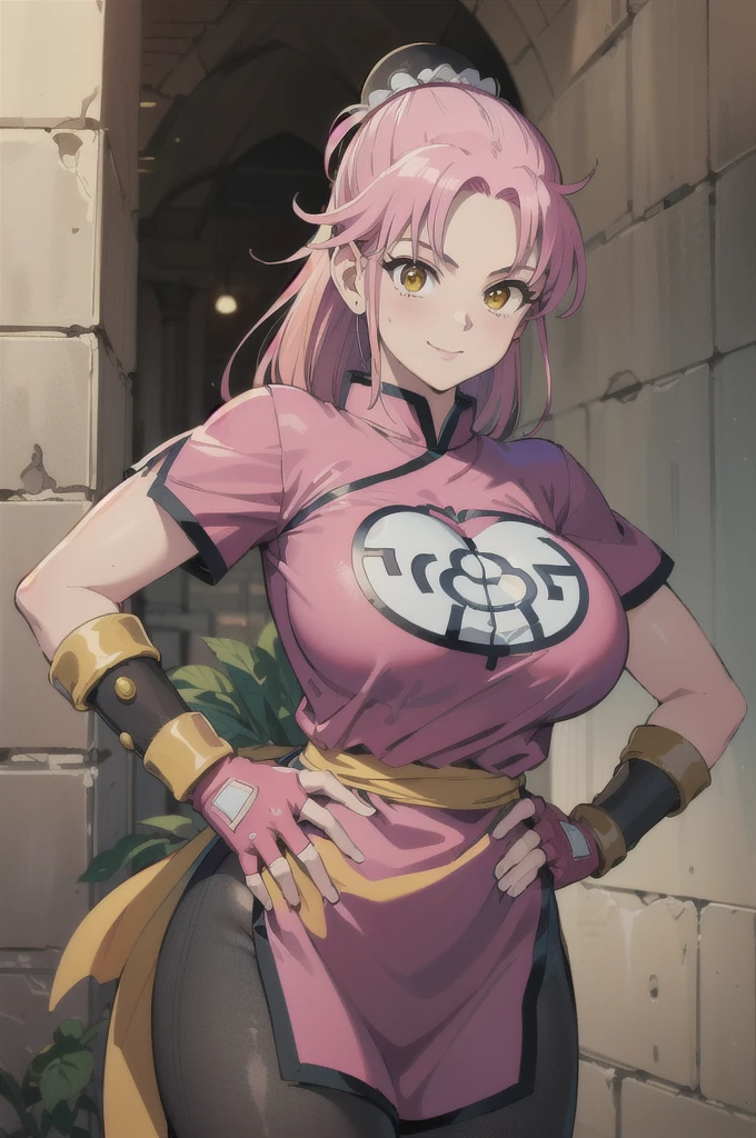 ((masterpiece, best quality:1.1), maam, dragon quest, 1girl,  solo, large breasts, fingerless gloves, pink gloves, fingerless gloves, pink gloves, chinese clothes, red dress, ribbon, pink hair, yellow eyes, Big Breasts:1.6, parted bang, bun cover, smile, hand on hip, coliseum 