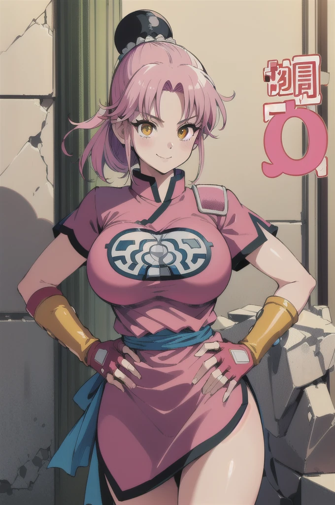 ((masterpiece, best quality:1.1), maam, dragon quest, 1girl,  solo, large breasts, fingerless gloves, pink gloves, fingerless gloves, pink gloves, chinese clothes, red dress, ribbon, pink hair, yellow eyes, Big Breasts:1.6, parted bang, bun cover, smile, hand on hip, coliseum 