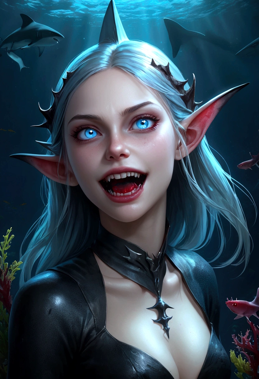 beautiful shark elf girl, 1girl, blue eyes, sharp fangs, shark fin feature on back, looking back, blood at corner of mouth, grim expression, gothic art, dark fantasy, (best quality,4k,8k,highres,masterpiece:1.2),ultra-detailed,(realistic,photorealistic,photo-realistic:1.37),concept art,dramatic lighting,cinematic composition,moody atmosphere,deep sea underwater environment,bioluminescent plants and creatures,mysterious and ominous