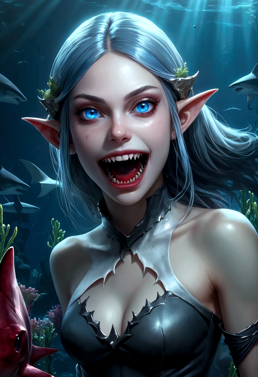 beautiful shark elf girl, 1girl, blue eyes, sharp fangs, shark fin feature on back, looking back, blood at corner of mouth, grim expression, gothic art, dark fantasy, (best quality,4k,8k,highres,masterpiece:1.2),ultra-detailed,(realistic,photorealistic,photo-realistic:1.37),concept art,dramatic lighting,cinematic composition,moody atmosphere,deep sea underwater environment,bioluminescent plants and creatures,mysterious and ominous