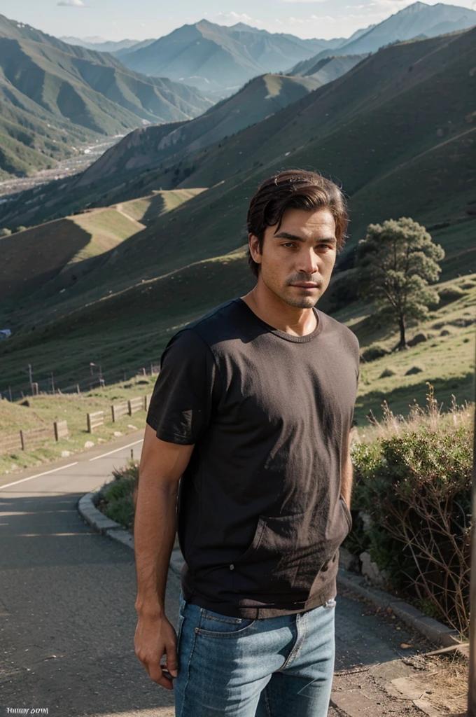A man is standing wearing casual clothes in front of the hills, it says 5.100 followers