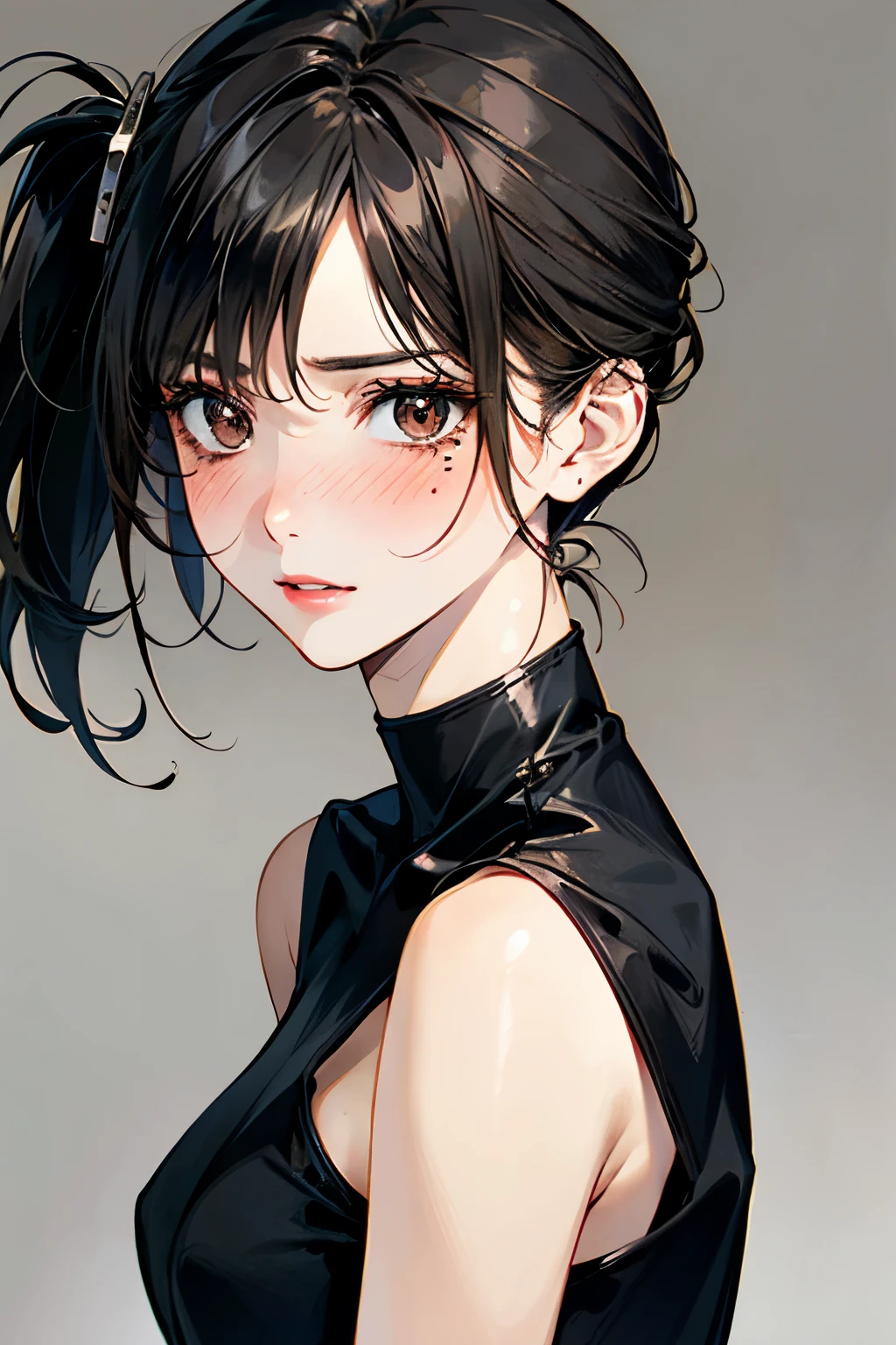 Pale beautiful young woman、Interesting and beautiful、Slim and angular face、Pointy chin、Feminine and big eyes、Real、Very detailed、Large and emphasized breasts、contrast、Textured skin、 Cold skin pores、Perfect Face、blush、Tall small nose、Mole、45 degree angle、Long, shiny black hair、Light brown eyes、Sweet perfume、A sense of dynamism、Thrilling、Soft breasts、Two Side Up、whole body