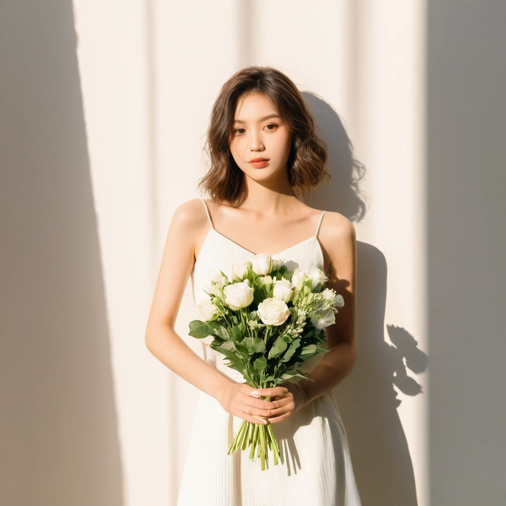 Clean girl aesthetic, holding flower bouquet, white wall background, long shadows, natural lighting