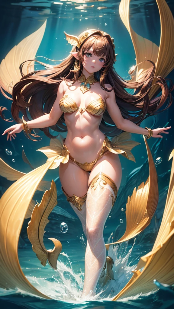 (masterpiece, highest quality, ultra high res, ultra detailed:1.3), 1 cute mermaid girl, ideal ratio body proportions, brown medium hair, golden scales, under the water surface, fish fin headband,