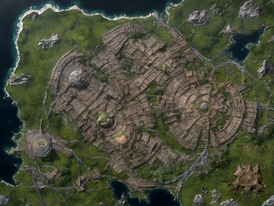 Aerial view taken from top to bottom directly from the drone, Parchment map of the mysterious continent, (Huge roots of black magic sprout from the West:1.2), (Necrotic black magic in the air:1.2), fire, Ice and thunder, Dungeons and Dragons, final-fantasy, game art, (Coherent architecture and interior design, with realistic proportions and textures, details Intricate, hand painted, Vibrant, cinematic lighting, work of art, 8K:1.2),world map,In the middle of the map is the Holy City,The surrounding area is full of villages and a lake or two,In the upper right corner are the snow-capped mountains,In the lower right corner is the desert