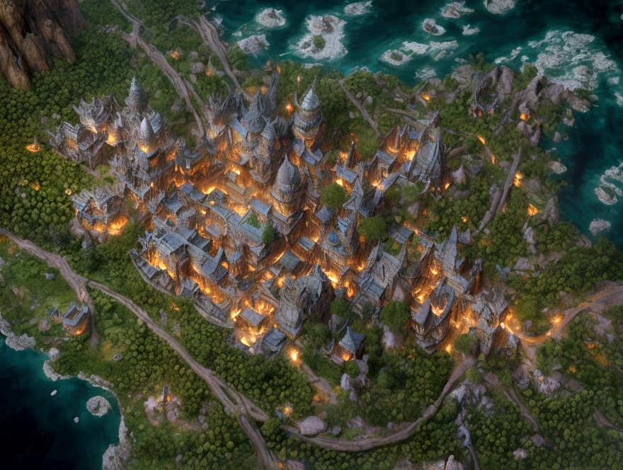 Aerial view taken from top to bottom directly from the drone, Parchment map of the mysterious continent, (Huge roots of black magic sprout from the West:1.2), (Necrotic black magic in the air:1.2), fire, Ice and thunder, Dungeons and Dragons, final-fantasy, game art, (Coherent architecture and interior design, with realistic proportions and textures, details Intricate, hand painted, Vibrant, cinematic lighting, work of art, 8K:1.2),world map,In the middle of the map is the Holy City,The surrounding area is full of villages and a lake or two,In the upper right corner are the snow-capped mountains,In the lower right corner is the desert
