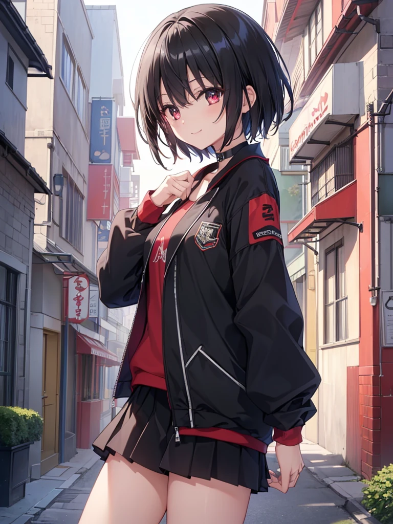 (masterpiece, highest quality, highest quality, (No text), Beautiful and aesthetic:1.2),No text,アニメ、BREAK,One Girl,Black Hair Girl short hair older sister choker Tree Eyes Beautiful eyes Red eyes cool smile Red and Black Black jacket mini skirt whole body In town