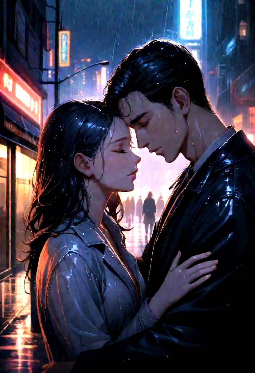 Cinematic scene of a couple standing close together in the rain in a neon-lit city at night. The couple is having a tender moment, Put your forehead together、close your eyes. In the background, blurred city lights and wet roads highlight neon signs。. The atmosphere is moody and romantic, Raindrops falling all around. High detail, Realistic lighting, Soft Focus.