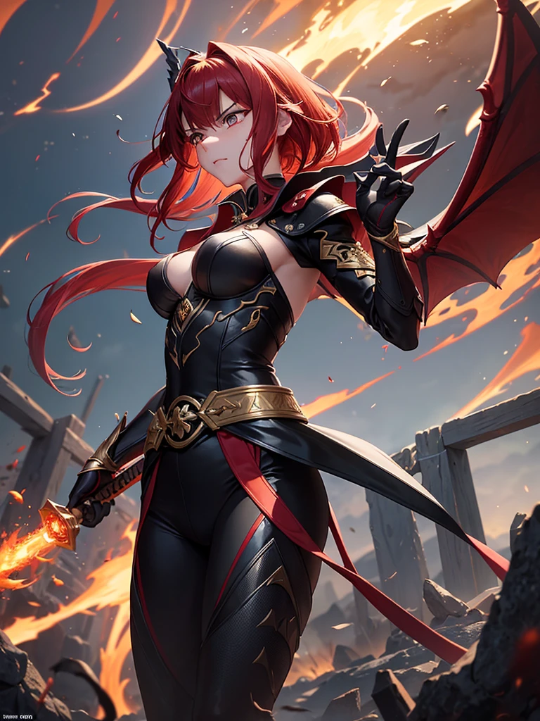 Shiota is a warrior with vibrant red hair.,flow like living fire around your head. She is in a firm and powerful posture, body slightly tilted forward, ready to deliver a deadly blow. His expression is determined and fierce, with an intense gaze that reveals the draconic strength she is channeling. Seus olhos brilham intensamente, with incandescent irises reflecting the fury of the flames that surround her.
A flaming aura surrounds Shiota's entire body, with dancing flames in shades of red, laranja e dourado. Flames seem to emerge from within her, as if becoming one with the power of the dragon. Shiota's hair flutters as if in the wind, with the tips emitting light sparks. Your skin displays temporary flame markings or scales that glow during the transformation., accentuating your connection with the draconic essence.
Shiota wears a red and black battle suit, with dragon wings and tail, intricate gold details reminiscent of dragon scales. A black and red sash is tied around her waist, holding an ornate scabbard embossed with the image of a golden dragon. She wields a katana with a shining blade, which emits a light aura of fire, ready to deliver devastating blows.
The setting is a devastated battlefield, with sparks and small flames in the air, creating an atmosphere of chaos and destruction. The ground around Shiota is burned or cracked due to the heat emanating from his flaming aura.. Other warriors can be seen in the background, some in shock and others trying to keep their distance, intimidated by Shiota's strength and overwhelming presence.
Shiota is at the height of the battle, facing multiple opponents or a powerful enemy. His fiery aura and imposing stance highlight his draconic transformation., making her a central figure on the battlefield. The intensity of her transformation suggests she is fighting with all her might.